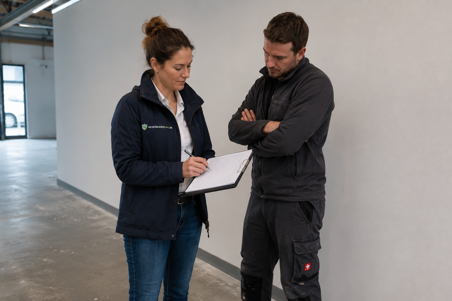 Beraterin von versicheredichneu.de bespricht mit Handwerker die passende Gewerbeversicherung