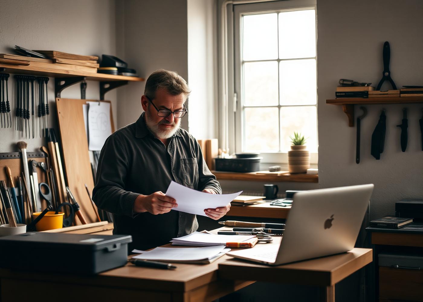 Handwerksbetrieb mit Unterlagen und Laptop