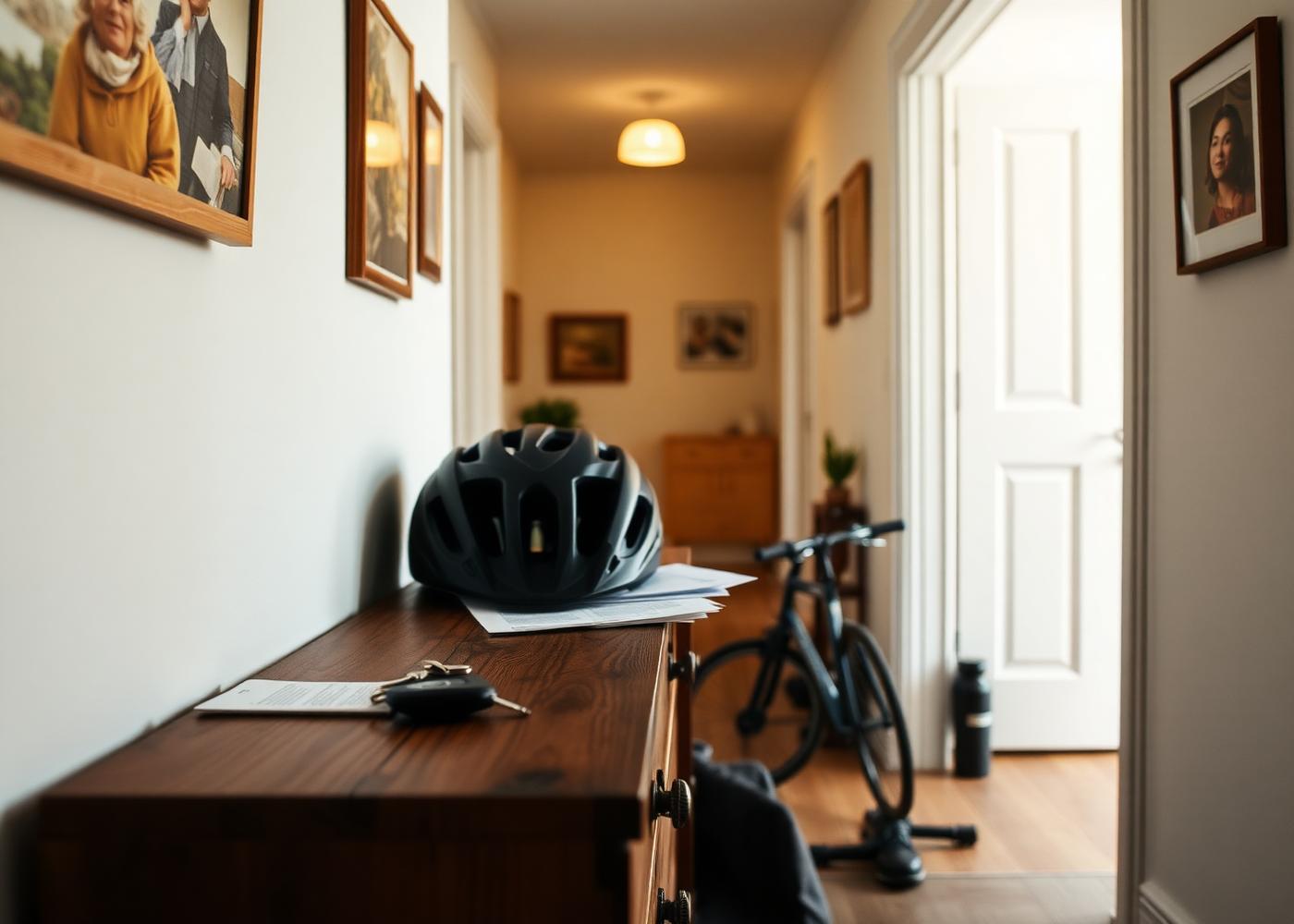 Wohnungsflur mit Fahrradhelm und Unterlagen